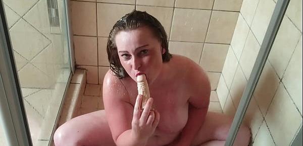  Busty fat girl gives sexy shower with pussy and mouth dildo play